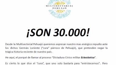 Multisectorial Pehuajó expresó su enérgico repudio a los dichos del cura: "¡SON 30.000! Ni olvido, ni perdón... Justicia"